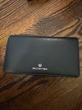 Valentino Black Leather Continental Wallet with Silver Logo